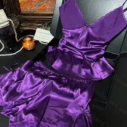 Sexy Purple Lace Trim 2Pcs Pajamas Suit Lady Satin Lingerie Summer New Homewear Backless Strap Top&shorts Oversize 3Xl Nightwear