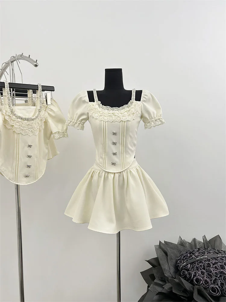 Summer Women Birthday Mori Girl 2000s Ballet Core Gyaru Old Money Outfits 2 Piece Set Cute Lace Crop Top + Mini A-line Skirt