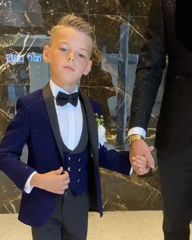 Shiny Silver Grey Boys Suit Wedding Tuxedo 3 Piece Set Jacket Pants Vest Formal Kids Blazer Party Tuxedo Clothes