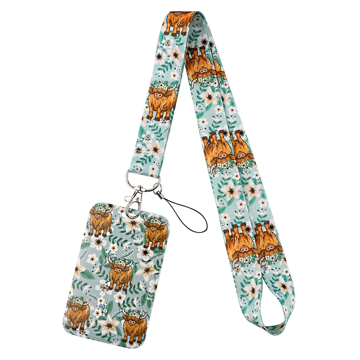 Porte-badge avec lanière de cou et pochette de protection, ensemble de couverture de carte de bus, mignon Highland Cow et Concerflowers