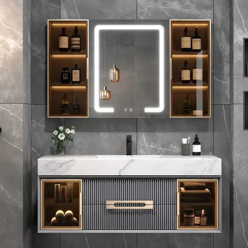 GQ Rock Slab Integrated Double Basin Bathroom Cabinet Solid Wood Simple Light Luxury Wall Mounted Vanity Sink Combo