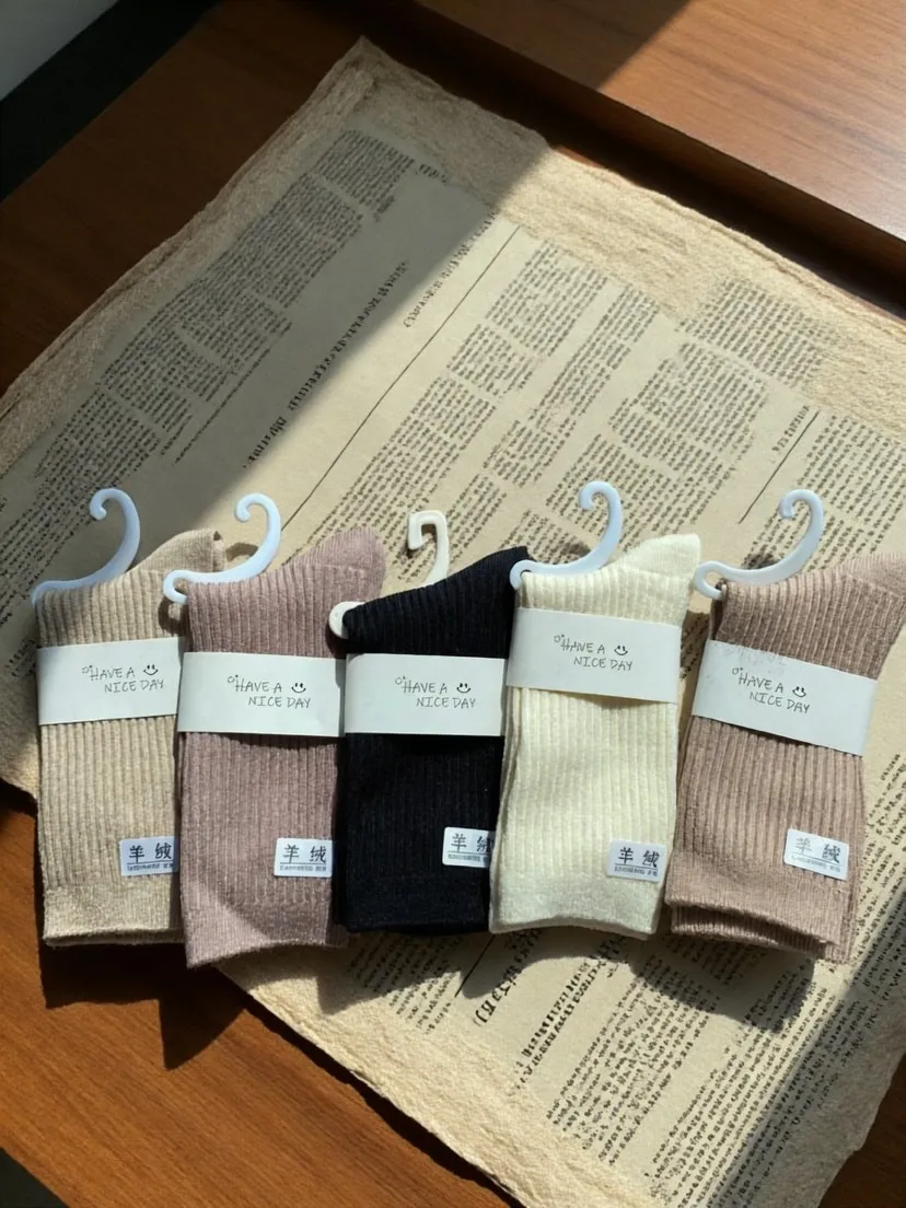 

5Pairs New Cashmere Wool Warm Women's Winter Socks Casual Thicken Fashion Solid Color Mid Tube Stockings Girl Thermal Crew Sock
