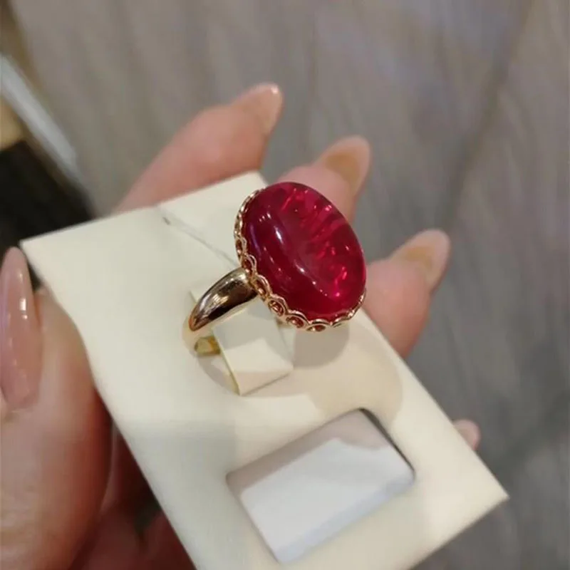 

585 Purple Gold Ruby Oval Glossy Red Rings for Women Plated 14K Rose Gold Translucent High Quality Elegant Wedding Ring Jewelry