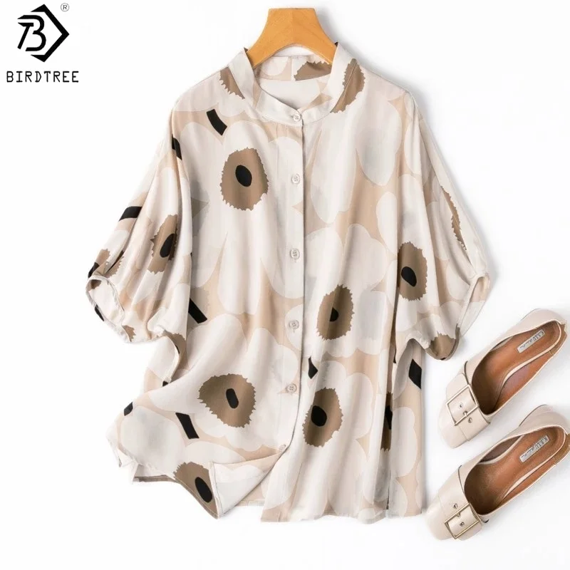 

Бежевая рубашка BirdTree из 100% шелка шелковицы, женская свободная блузка с двойным креповым воротником-стойкой и рукавами «долман», новинка 2025 года T57143JF