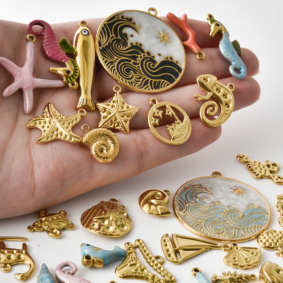 3/5 Stück/Set Meerestier-Anhänger in Goldfarbe mit Öltropfen-Effekt, Seestern, Muschel, Fisch, Edelstahl-Anhänger für Schmuckherstellung, DIY-Armbänder – Detail 1