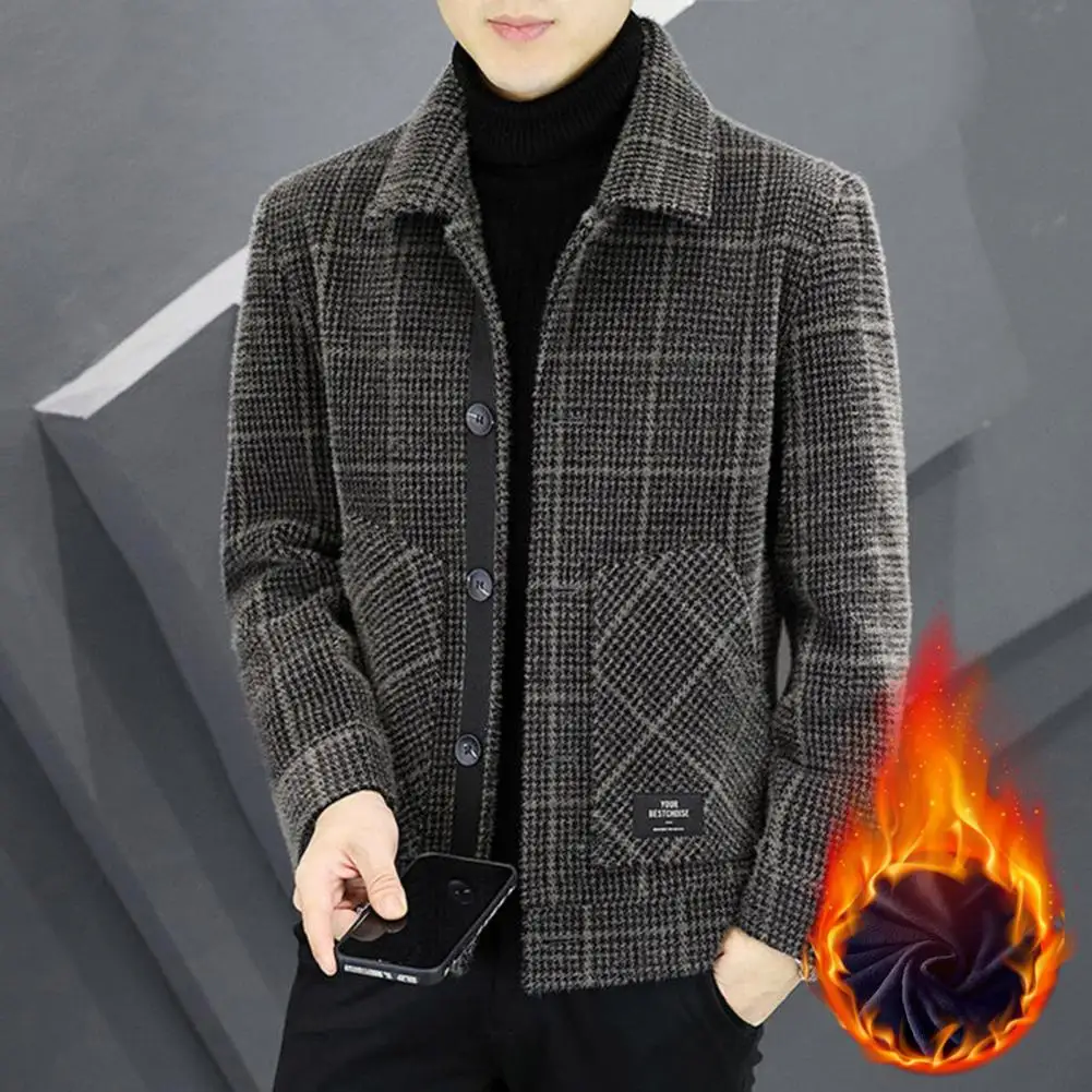 

Men Jacket Lapel Long Sleeve Plaid Print Coat With Pockets Single-Breasted Closure Thickened Outwear Autumn Winter Trendy Wear