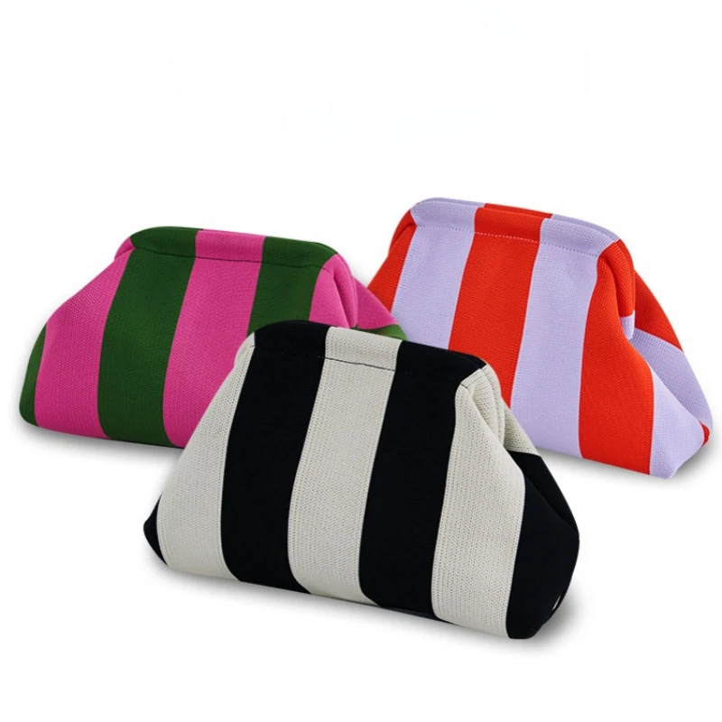 Fashion Stripes Knit Clutch Bag for Women Contrast Color Knitting Dumpling Cloud Bag Casual Reusable Shopping Beach Bag Summer