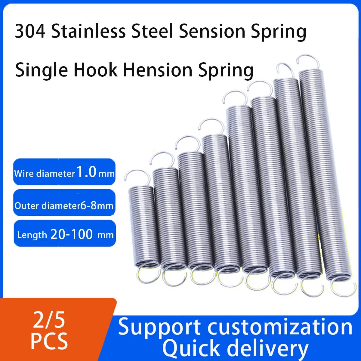 

Single Hook 304 Stainless Steel Tension Spring Wire Diameter 1.0mm Outer Diameter 6/7/8mm L 20-100mm Customization