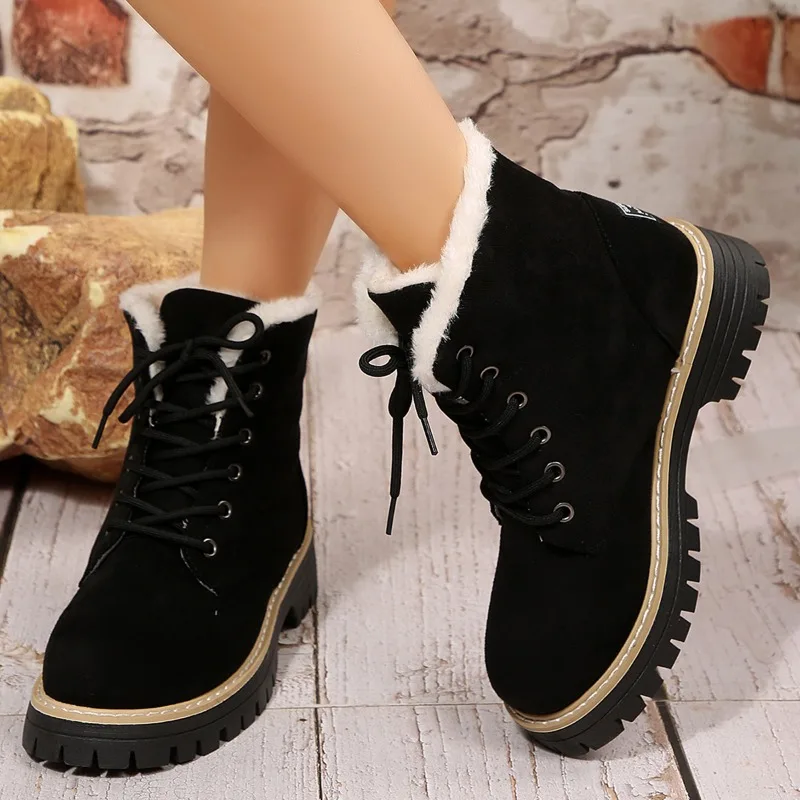 Plus Size Women's Short Thigh Boots Thickened Warm Winter Lace-Up Kitten Heel Block Heel Shoes