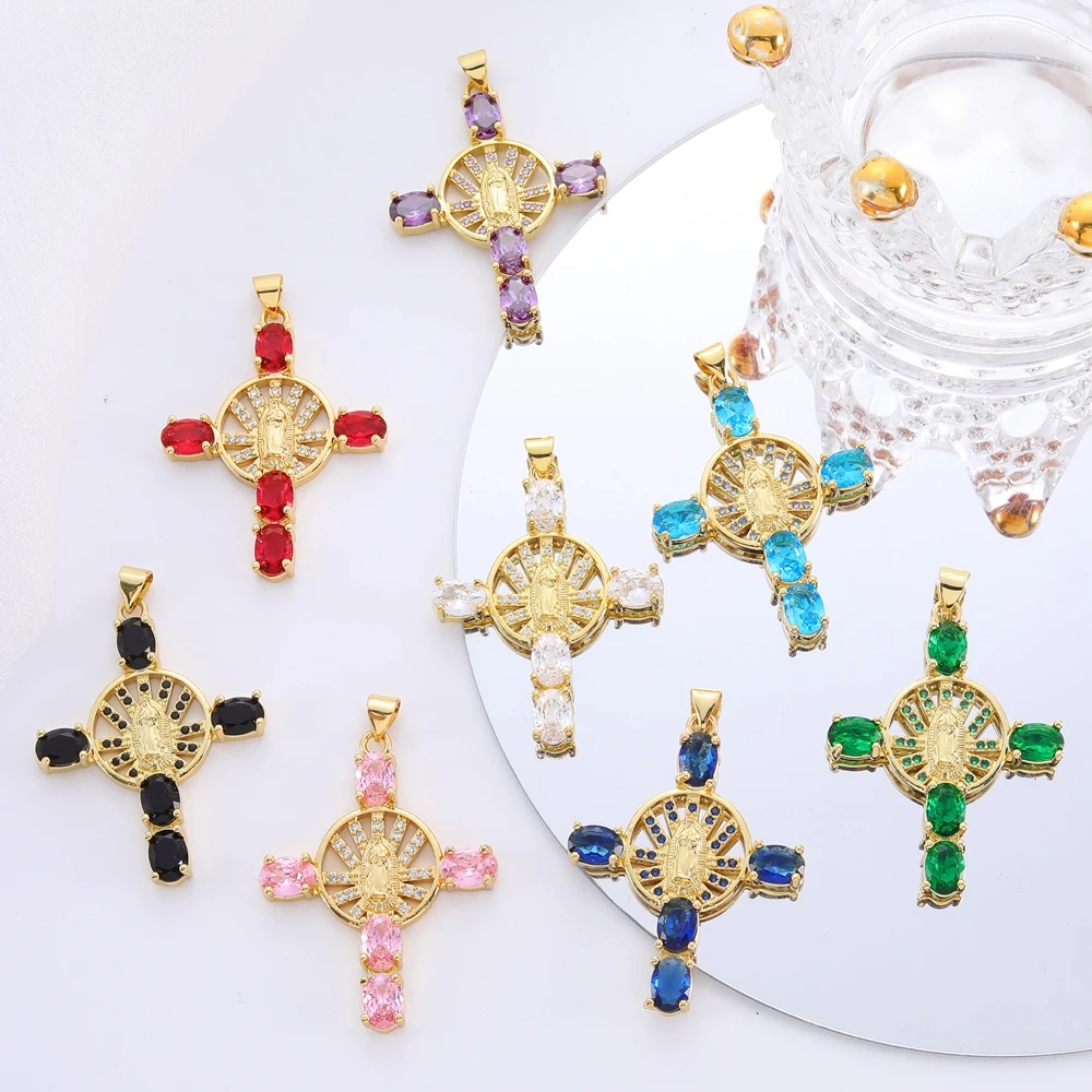 Juya 18K Real Gold Plated Handmade Colorful Zirconia Saint Virgin Mary Christian Cross Charms For DIY Religious Jewelry Making