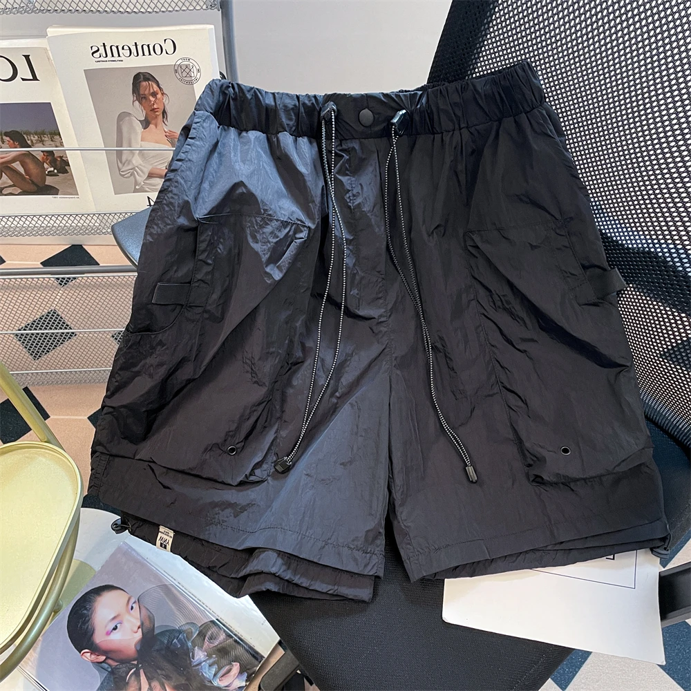 

Bla High Street Casual Workwear Five-Quarter orts ex Summer Youthful Spor Wide Leg Mid-Pants High Waist ket Detail