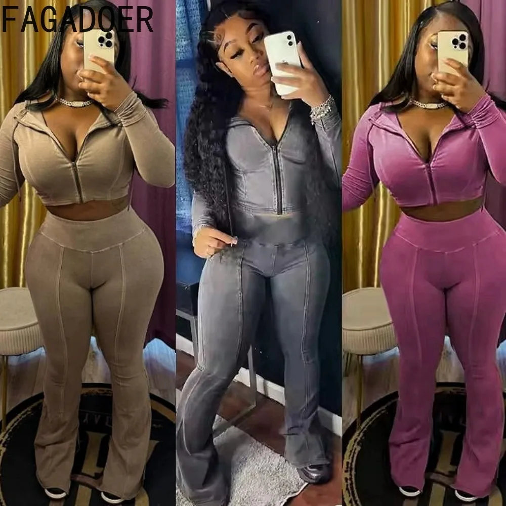 FAGADOER Autumn Winter Quality Rib 2 Piece Sets Women Sport Casual Outfit Zip Hooded Patchwork Jacket And Flare Pants Suits New