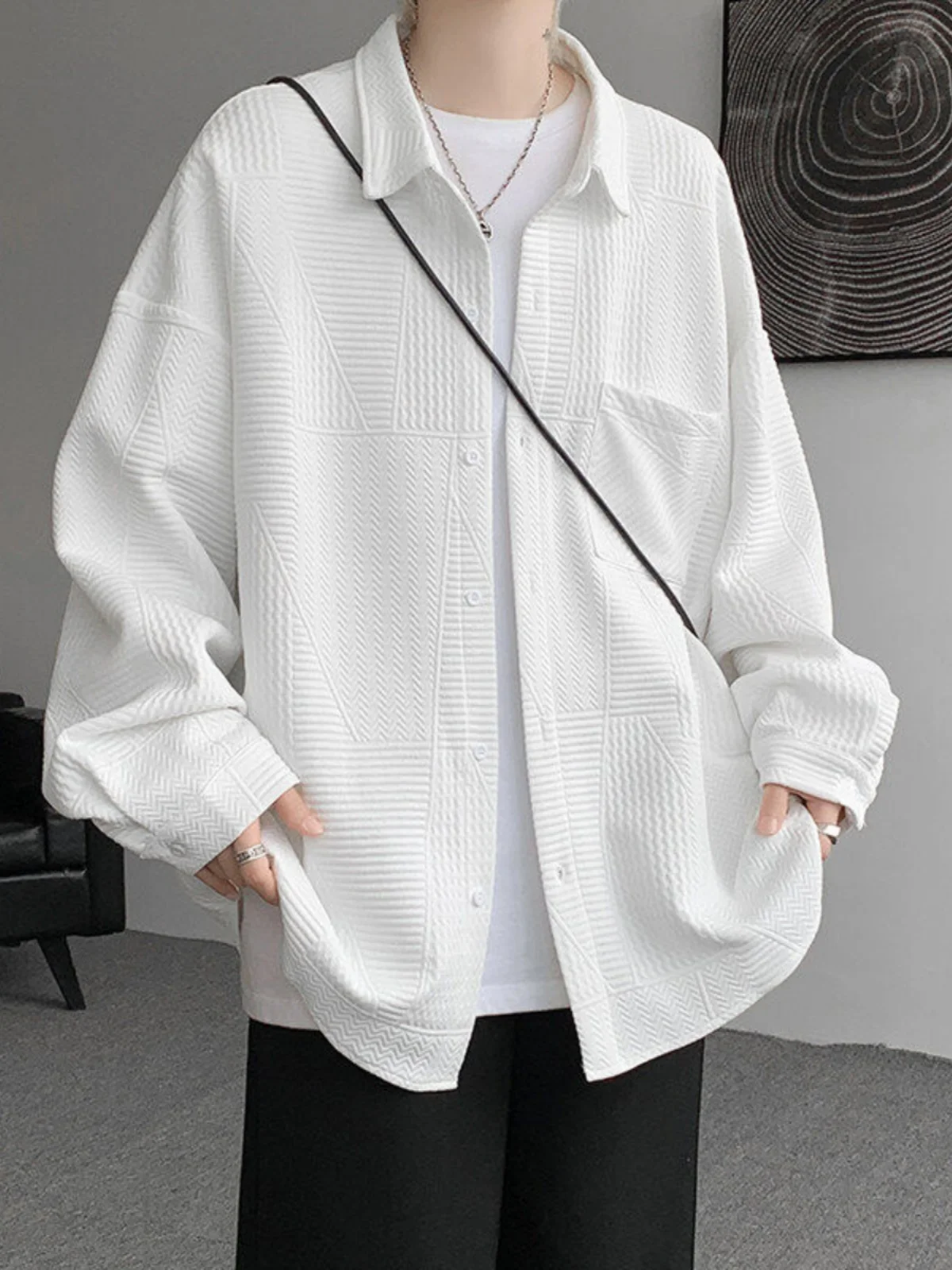 

Spring 2025 Men's Casual Long Sleeve Shirt Hong Kong Style Loose Weave Large Size Polyester Spandex Blend Fashionable Sportswear
