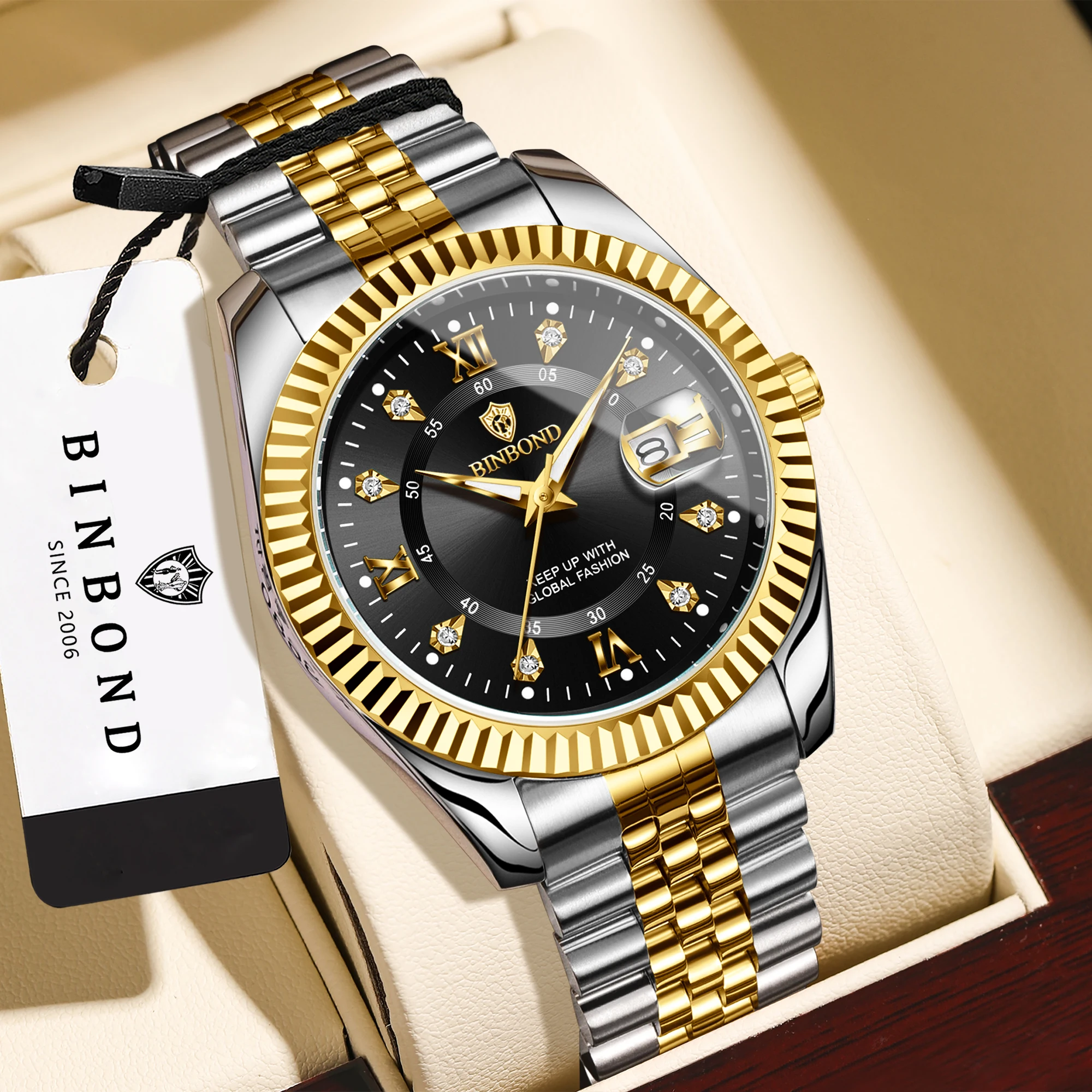 BINBOND Original Quartz Wristwatches For Men Luminous Waterproof Men's Watch Stainless Steel Luxury Reloj Hombre Male Gift +BOX