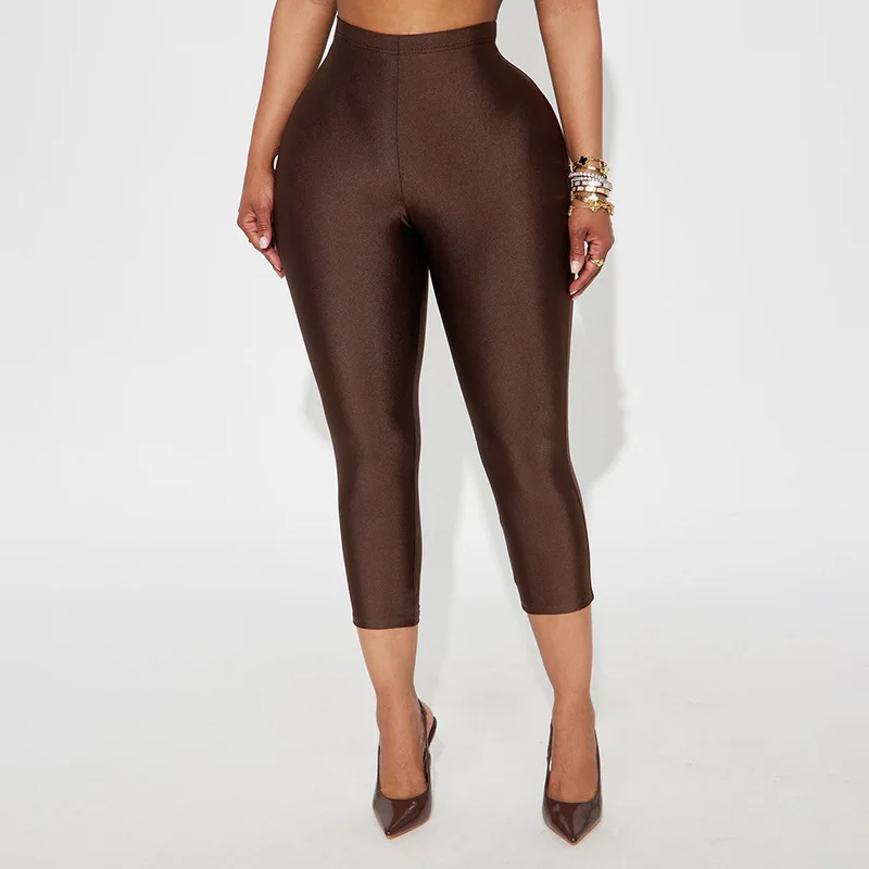 

Women Solid Glossy Silky Calf Length Skinny Pants Elastic High Waist Peach Hip Slim Leggings Slim Capris Casual Street Trousers