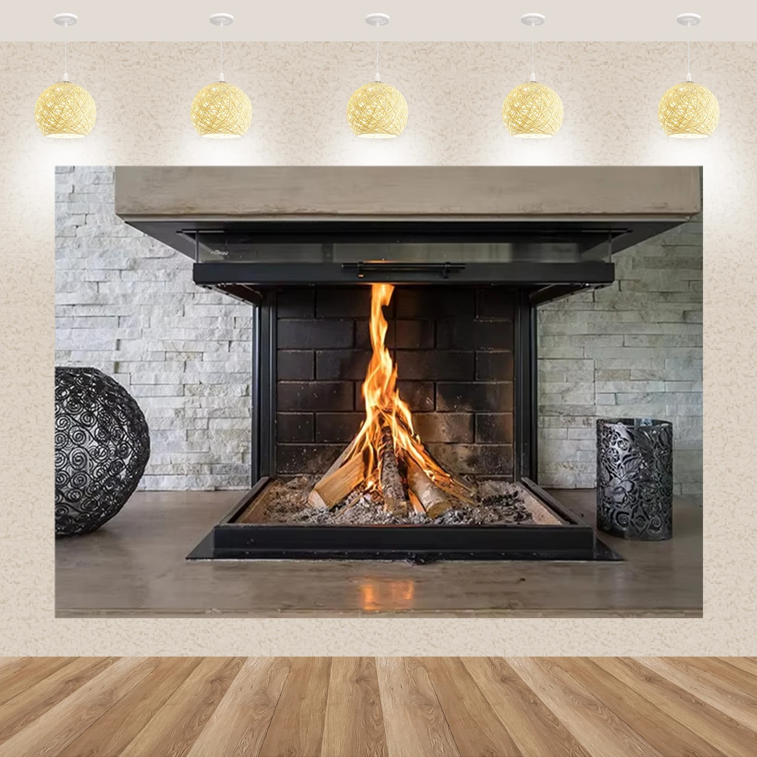 Christmas Fireplace Theme Background New Year Home Decoration Warm Family Winter Brick Frame Stove Photography Props Gift Banner