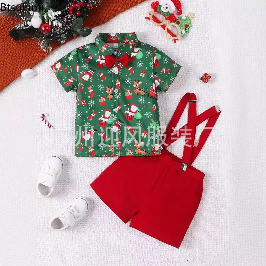 New Year Outfits for Boy Gentleman Green Necktie Xmas Shirts and Red Overalls Pants Boy Christmas Sets New Year Children Costume
