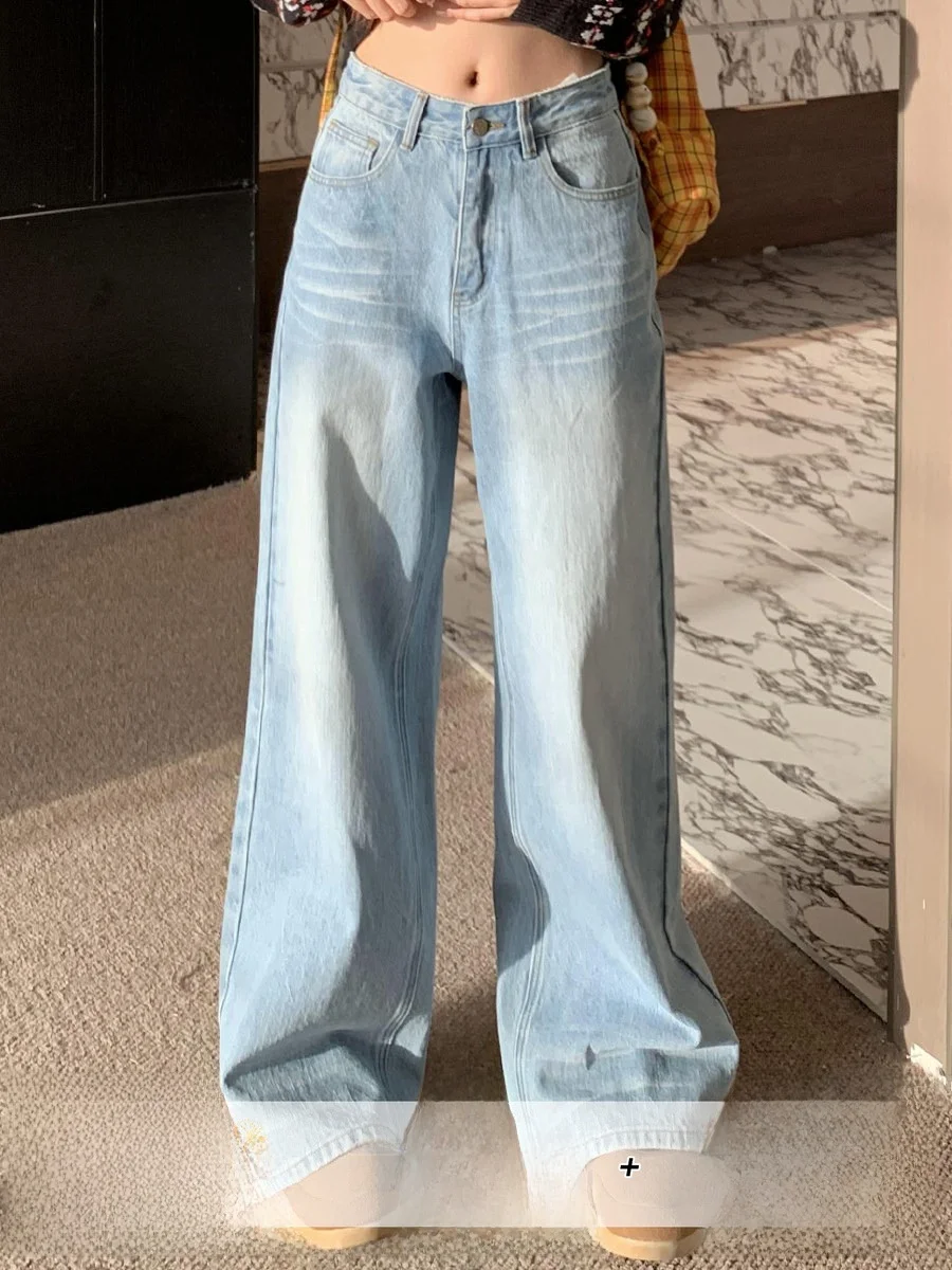 

Синие джинсы с завышенной талией в стиле ретро, женские свободные брюки длиной до пола с высокой талией, осенние повседневные брюки без эластичного денима с эффектом узких джинсов