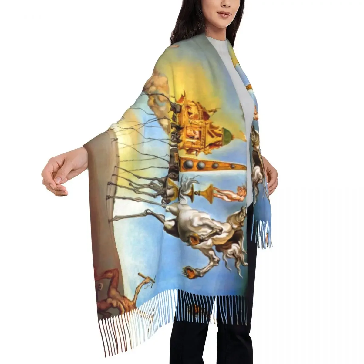 Salvador Dali Surrealism Art Tassel Scarf Women Soft The Temptation of St. Anthony Shawl Wrap Ladies Winter Scarves