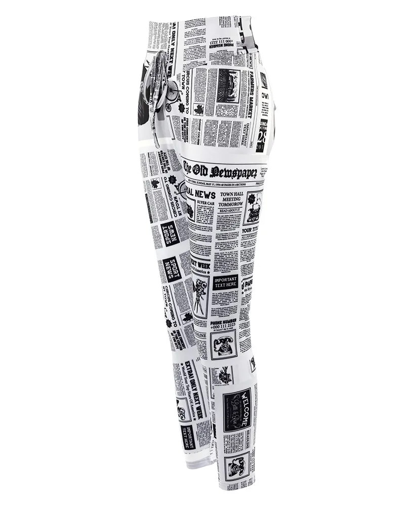 Pantalones con estampado de periódico para mujer, mallas de cintura alta con dibujos animados, ropa deportiva sexy e informal