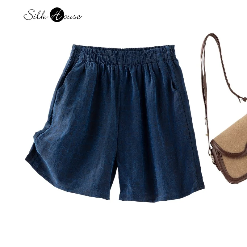 

2025 Women's Fashion Summer New 100% Natural Mulberry Silk Gambiered Guangdong Gauze Turtle Crack Blue Casual Shorts