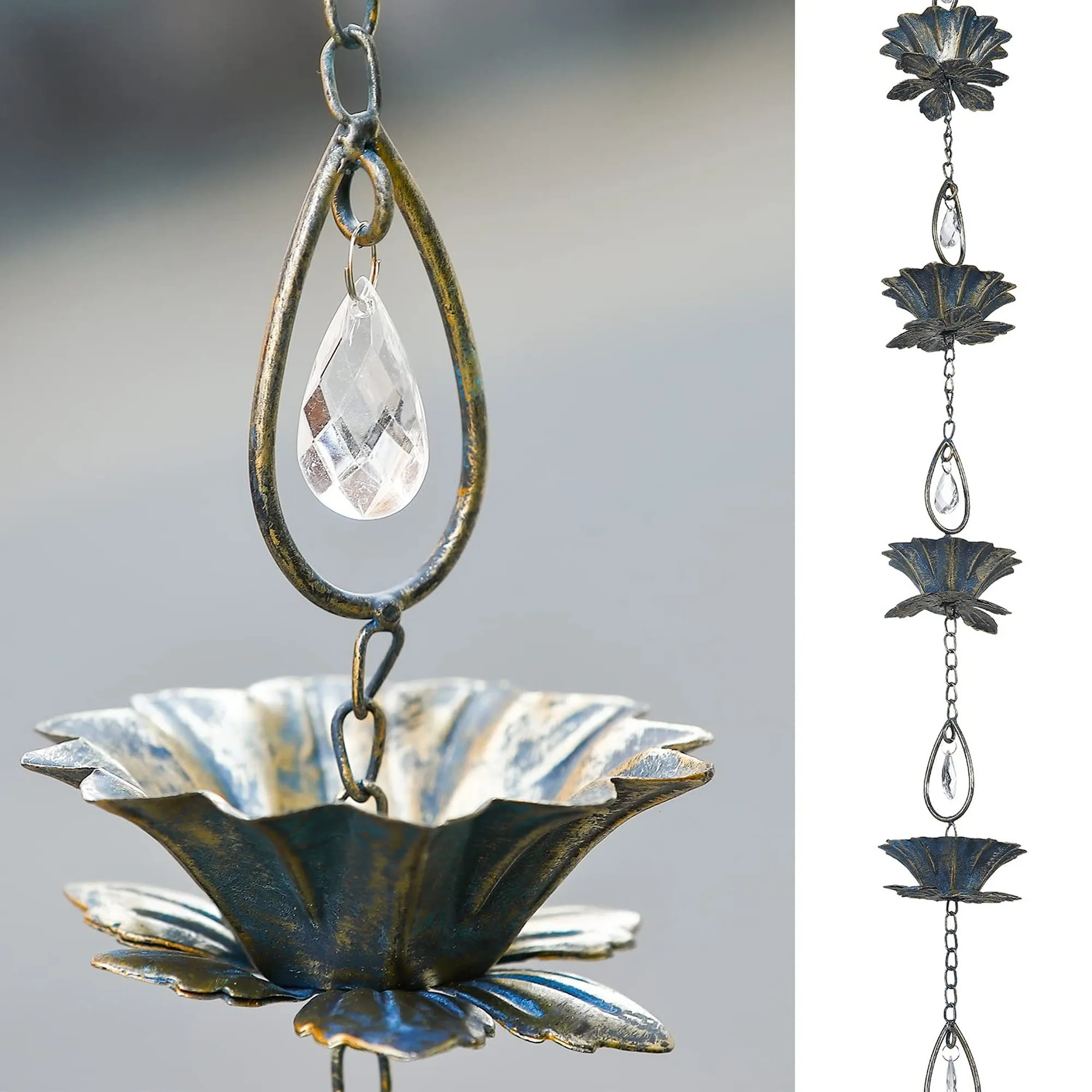 8.5 ft Decorative Functional Lotus Rain Chain, Outdoor Rain Catcher and Gutter Downspout Replacement for Patio and Garden Drainage