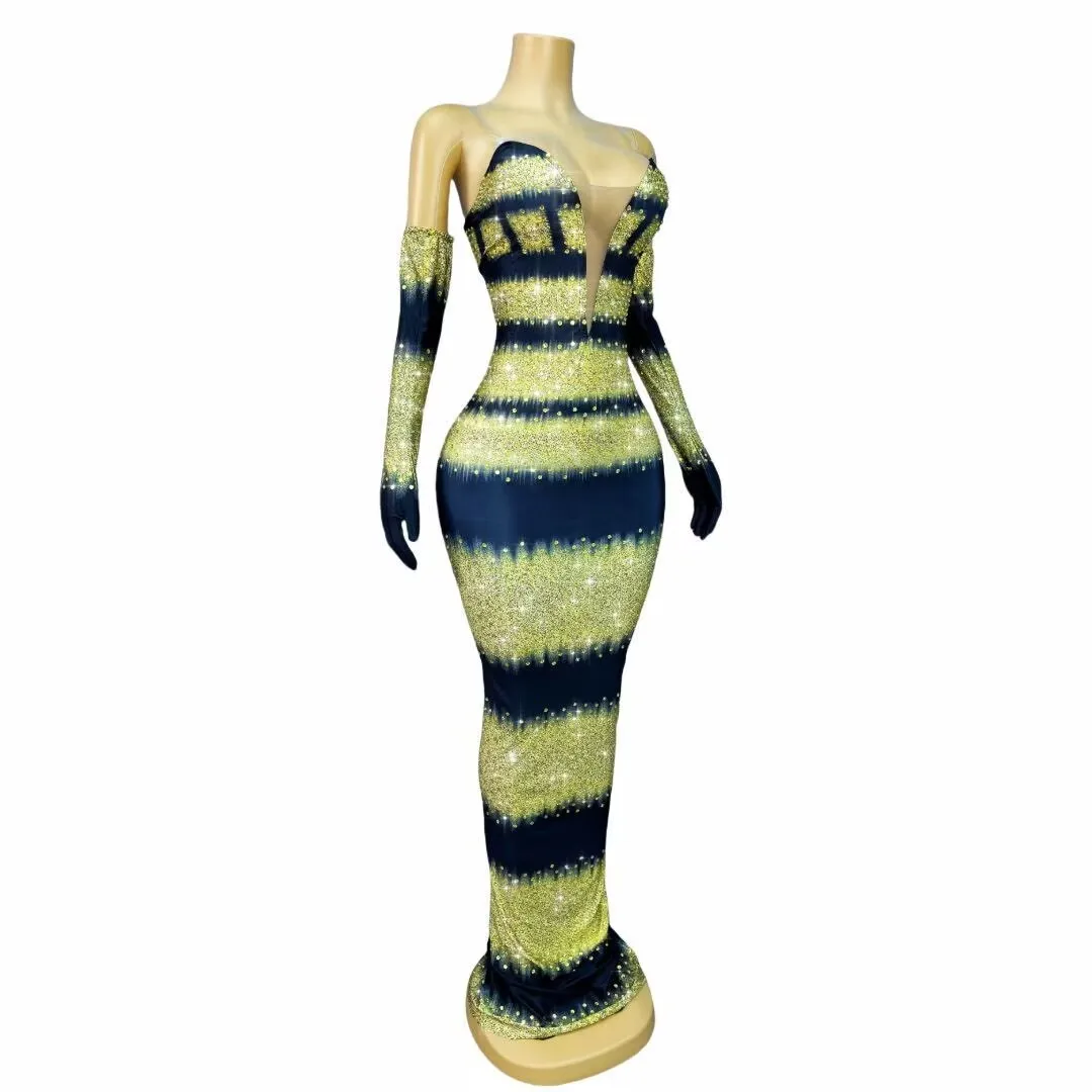 Sexy novo elegante piscando ouro strass luvas vestido fora do ombro vestido de baile de noite feminino tapete vermelho roupa de palco