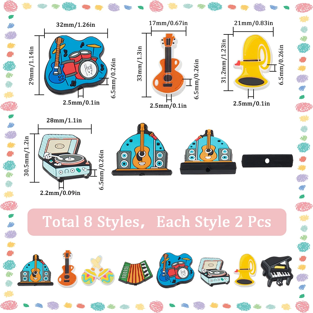 

16Pcs 8 Style Musical Instruments Food Grade Focal Beads Mixed Color 22~31.2x21~32x6.5~7mm Hole: 2.2~2.5mm 2pcs/style