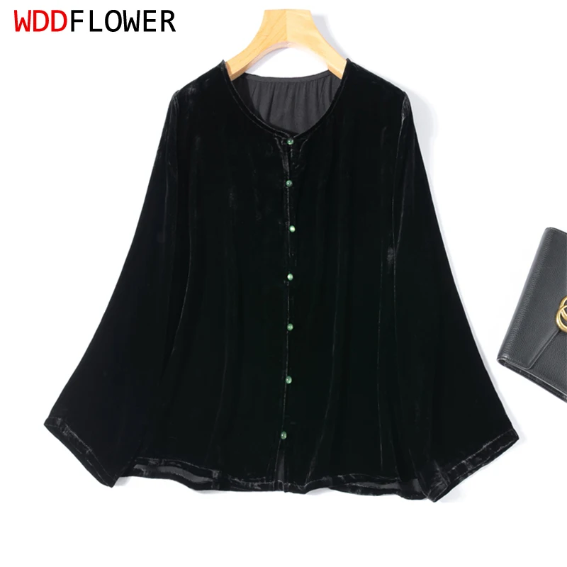 المرأة الحرير المخملية معطف 100% التوت الحرير بطانة أسود اللون طويلة الأكمام سترة سترة بلوزة قميص الخريف الدافئة M1484 #1