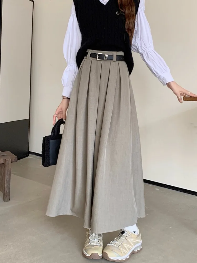 

Autumn and Winter Skirts Solid Color Versatile Medium-length Pleated Half-body Skirt Women Elastic Waist Thin Large Swing Skirt