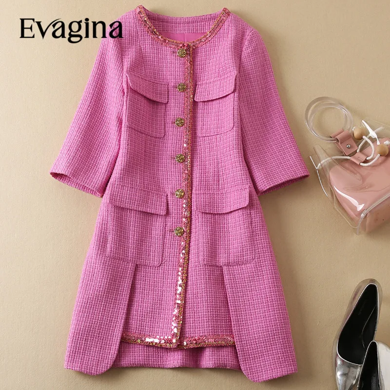 Evagina 2024 New Fashion Runway Designer Women's Autumn And Winter Sequin Nail Beads Button Retro Style Pink Tweed Dress