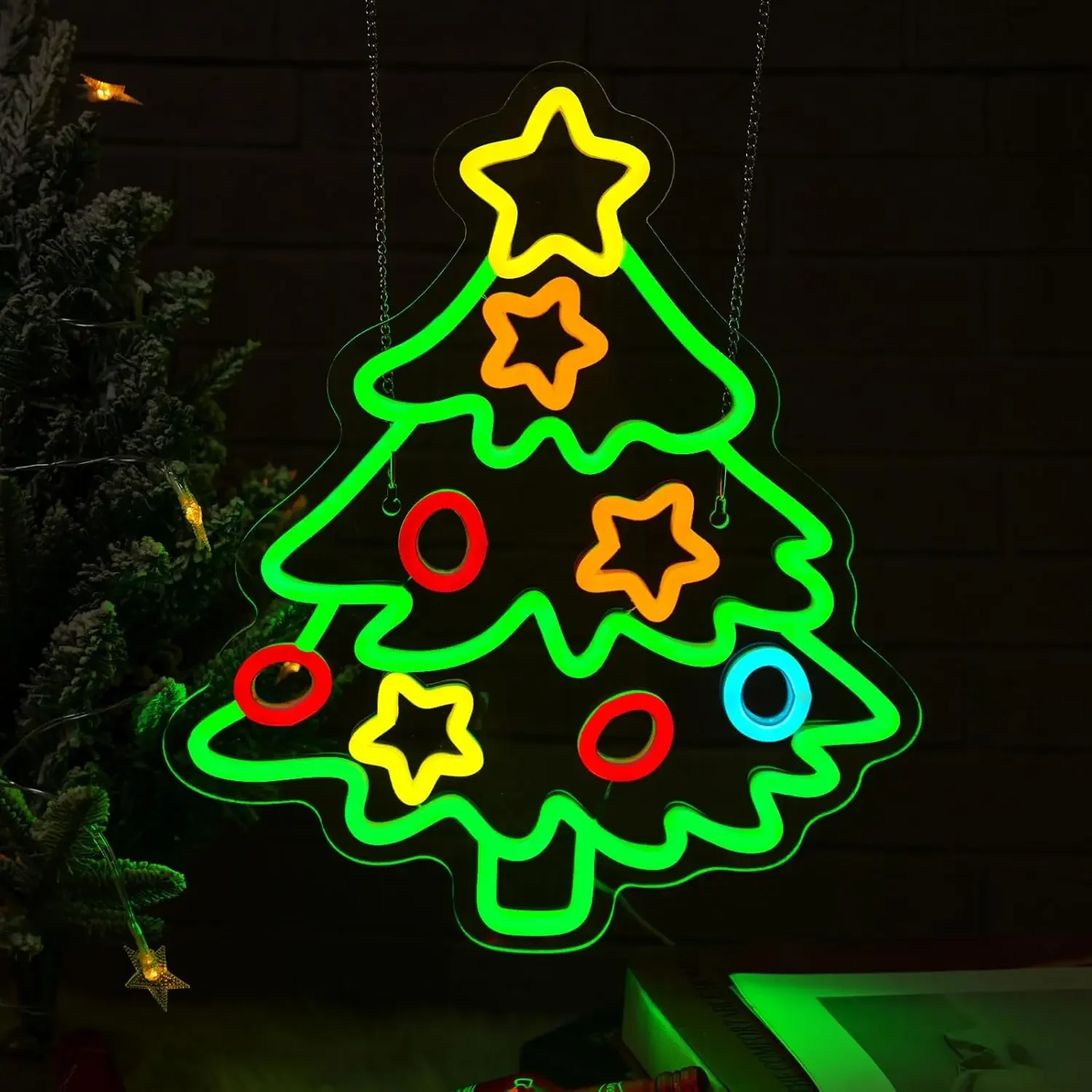 Christmas Tree Star Ornament Neon Sign Green Multi Color LED Wall Art Acrylic USB Powered Dimmable Light Decor for Xmas Party