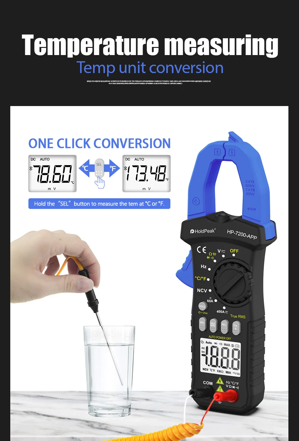 HoldPeak True RMS Clamp Meter Bluetooth APP ±0.5% Accuracy  with Hold Date LCD NCV 600A Auto-Ranging CAT III for Electrician