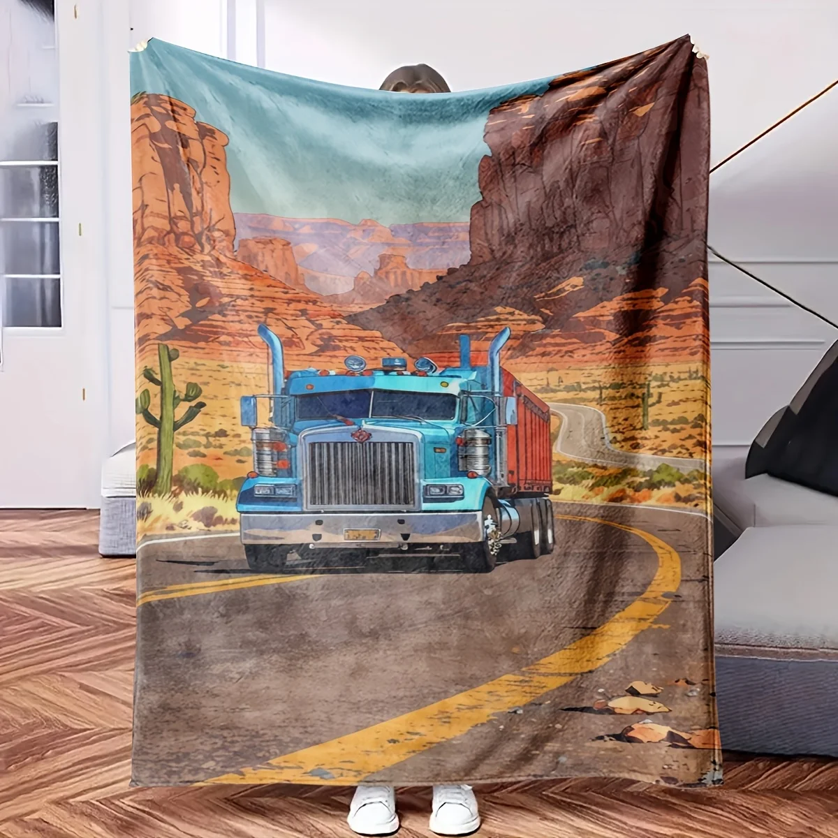 Vintage Semi Truck Desert Road Blanket Throw  American Southwest Americana Style Decor 150x230cm