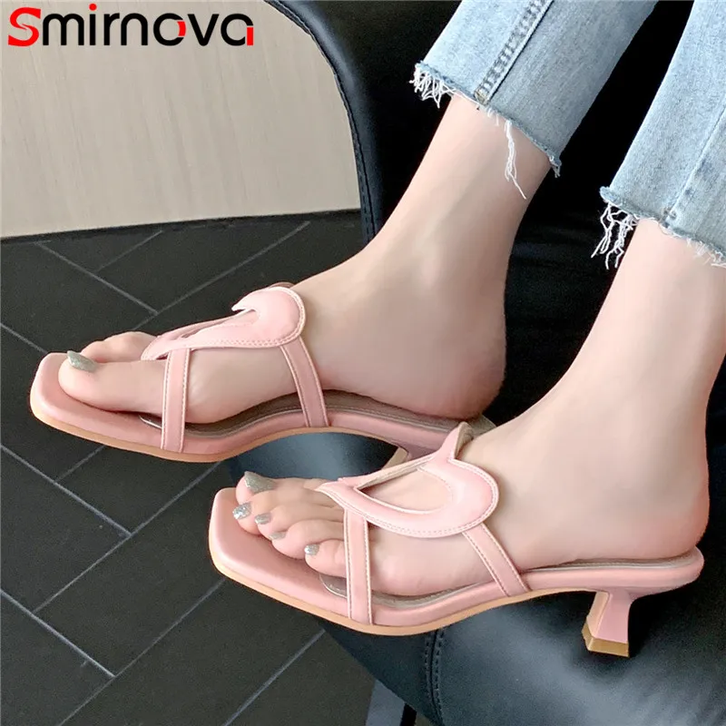 

Smirnova 2023 New Sexy Microfiber Heart Shaped Women Slippers Square Toe Ladies Modern Summer Shoes Thin Med Heels Slippers