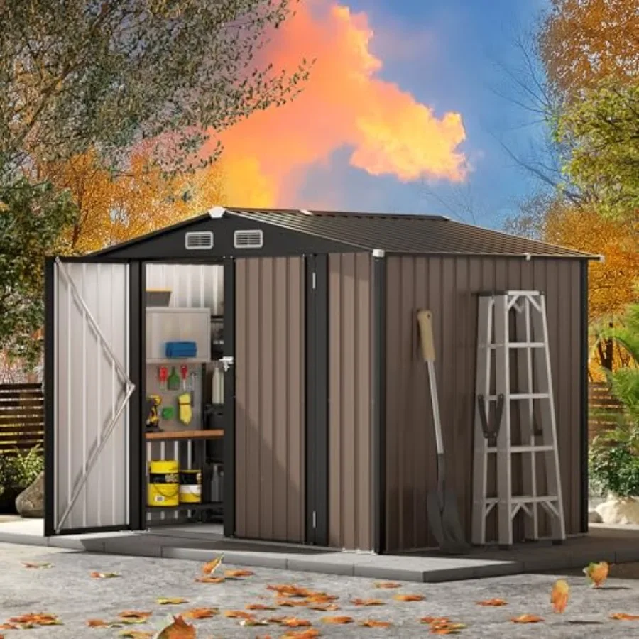 Metal Storage Shed Outdoor Storage, Outdoor Steel Storages Shed with Sloping Roof, Utility and Tool Garden Sheds for Backyard P