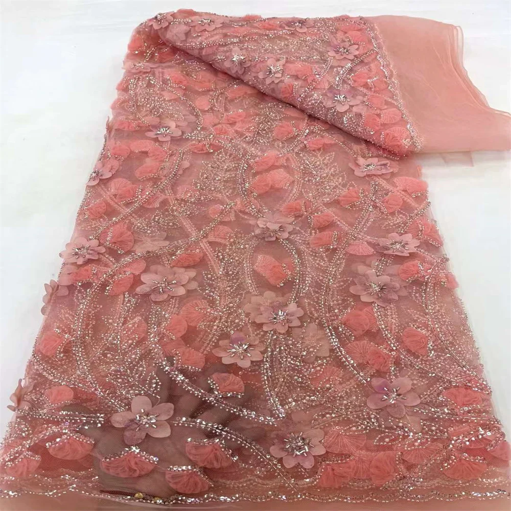 Tela de encaje de lentejuelas africanas con flores 3D, encajes de tul de alta calidad, encaje de red nigeriano francés con cuentas, tela para vestidos de novia, 2024