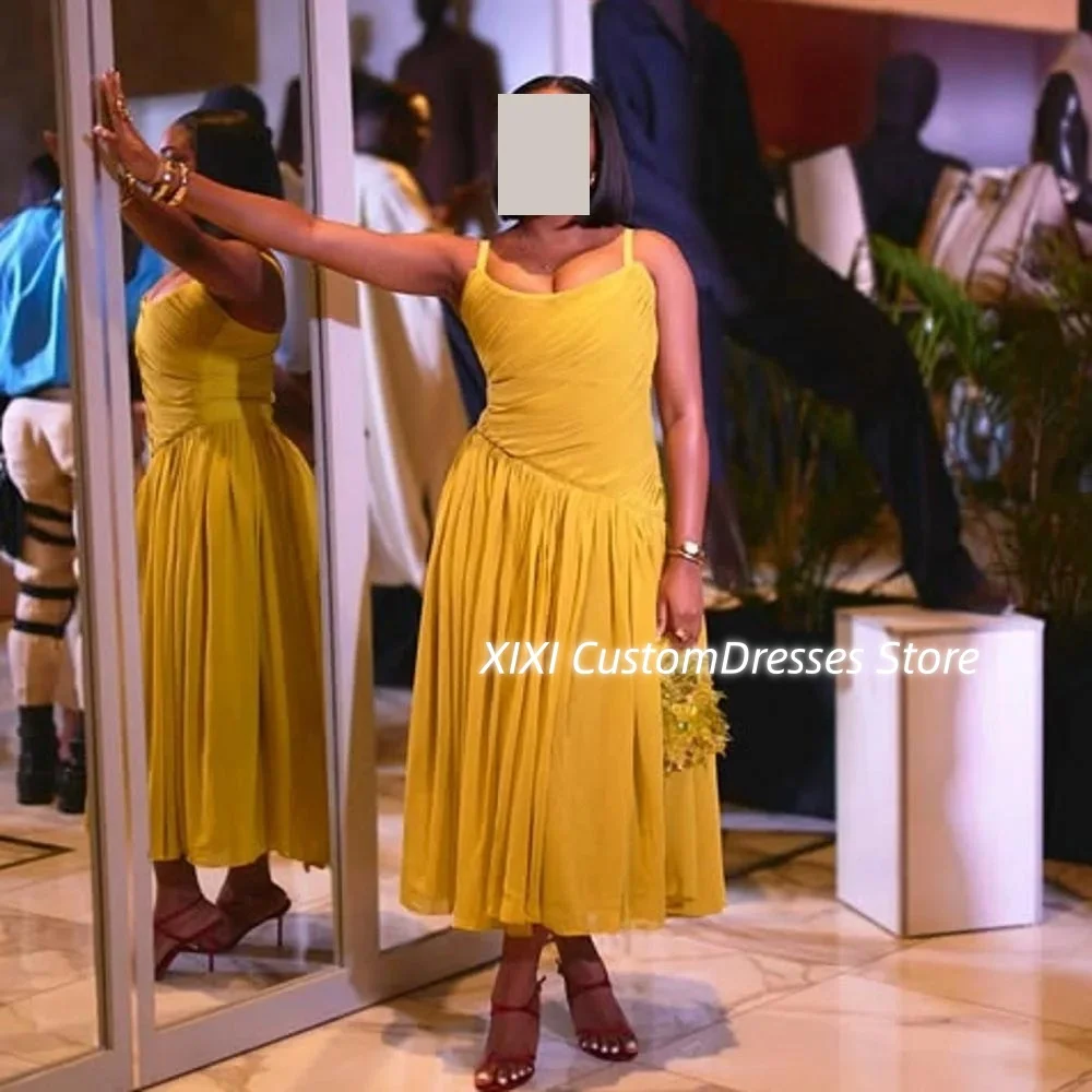 Gaun Malam Dubai Gaun Acara Formal A-Line Ruffle Panjang Hingga Mata Kaki Ritsleting Tali Spaghetti Vestidos De Fiesta Tanpa Lengan