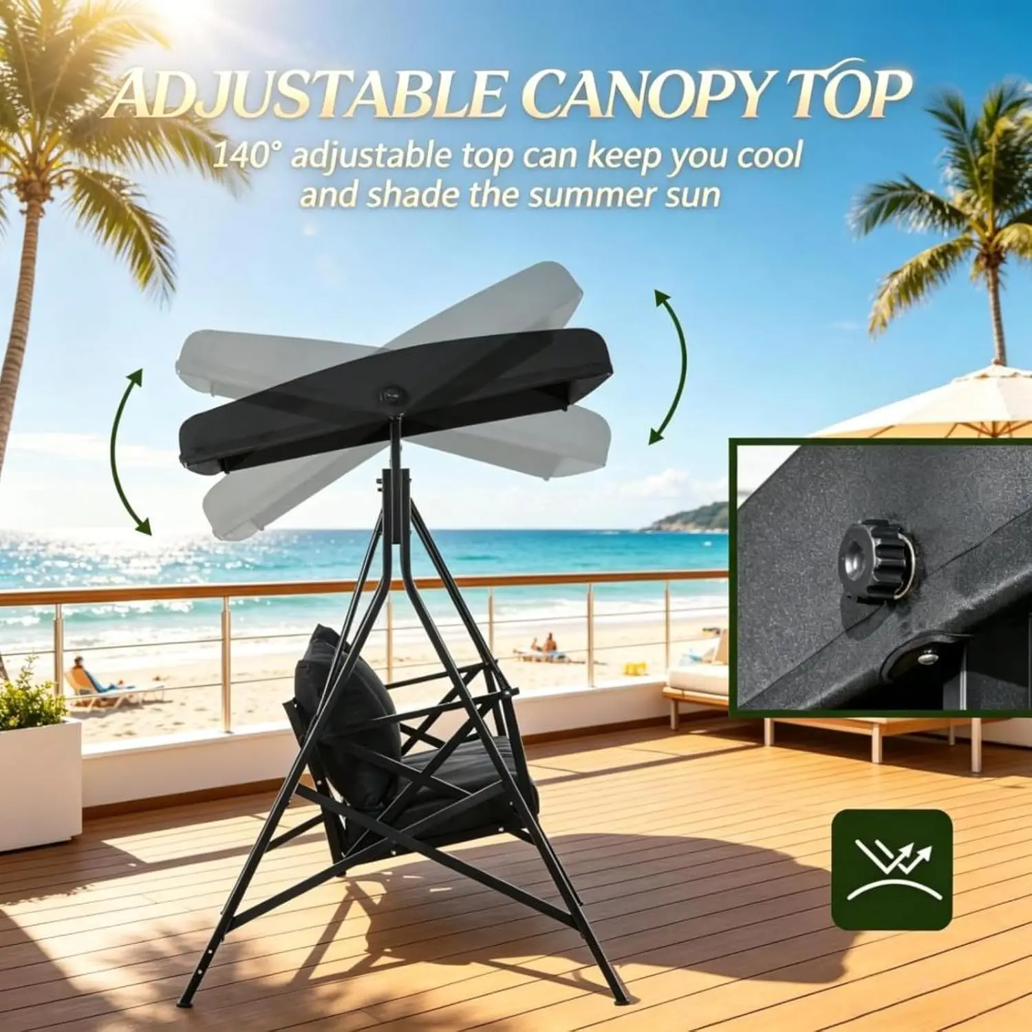 3 Person Porch Swing w/Adjustable Canopy for Garden, All Weather Patio Swing Bench w/Seat Cushion & Throw Pillows, Customized