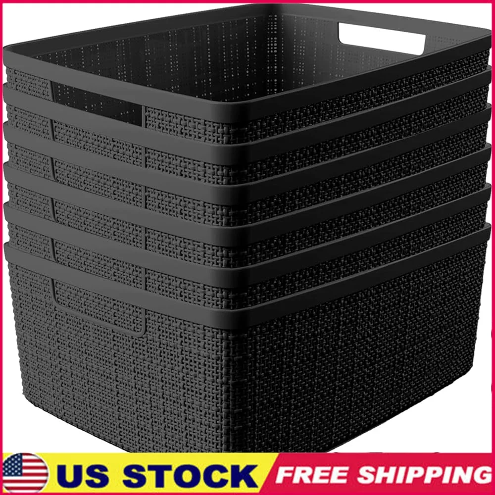 

Set of 6 Decorative Plastic Storage Baskets Medium Jute Bins Home Office Kitchen Closet Organization