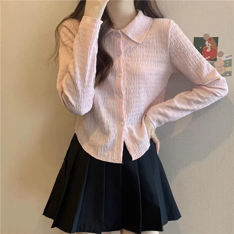 Rimocy Pink Turn Down Collar Buttons Shirt Women Korean Solid Color Casual Blouse Woman All Match Chiffon Long Sleeve Shirts