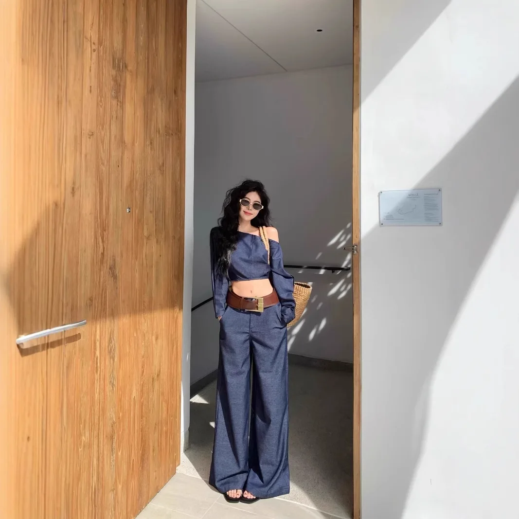 

Women's Elegant Fashion Two Piece Set Spring 2026 New One Shoulder Long Sleeve Top High Waist Wide Leg Pants