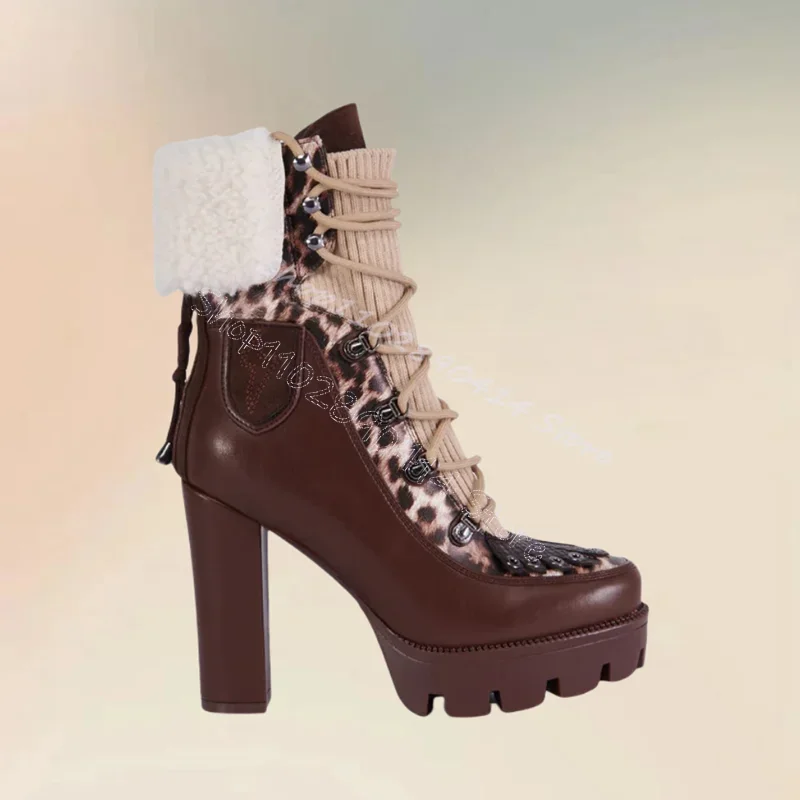 Brown Leopard Print Strappy Patchwork Platform Boots Back Zipper Women Shoes Chunky High Heels Banquet 2024 Zapatos Para Mujere