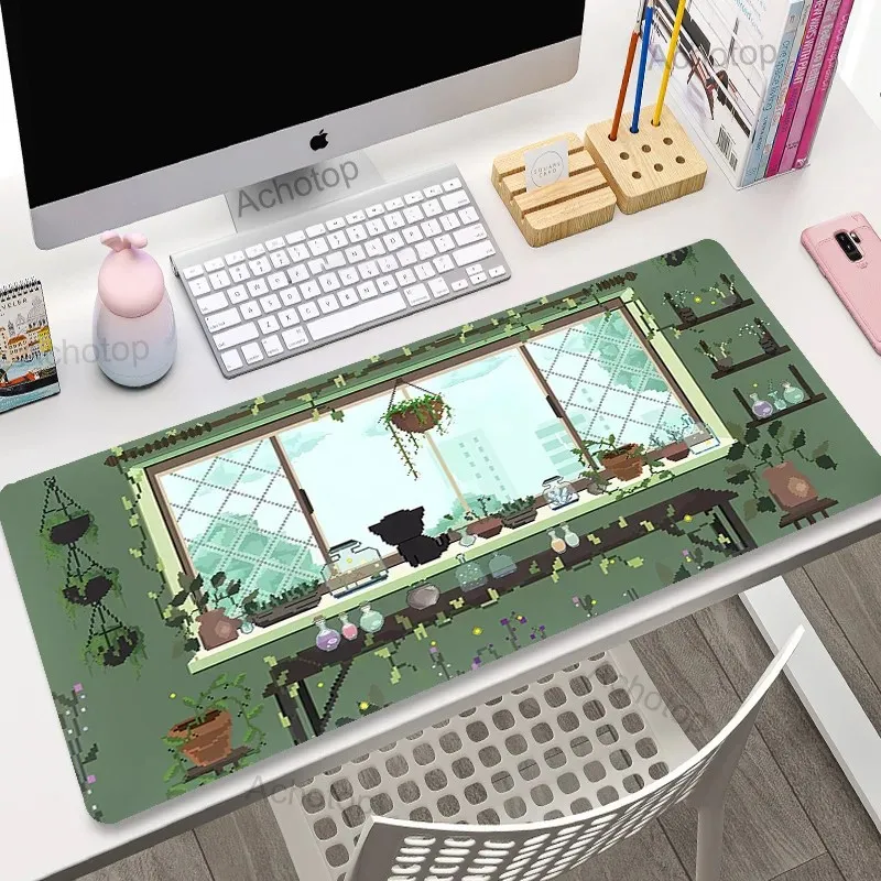 VIKAMA Cute Forest Elf Large Desk Mat Green Leaf Kawaii Mouse Pad Non-Slip Lock Edge Office Keyboard Mat