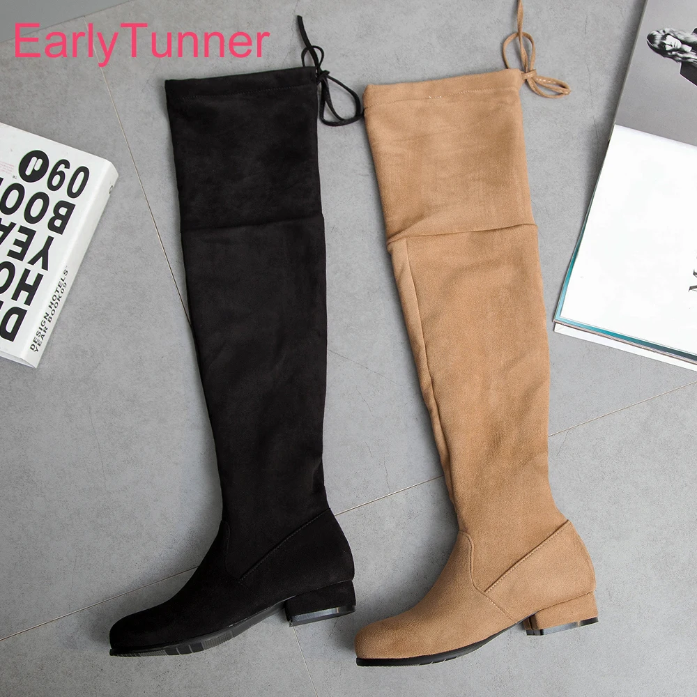 جديد شتاء أصفر رمادي المرأة الفخذ أحذية عالية جولة تو ميد ساحة الكعوب سيدة أحذية رسمية زائد صغيرة كبيرة الحجم 12 33 43 49 52