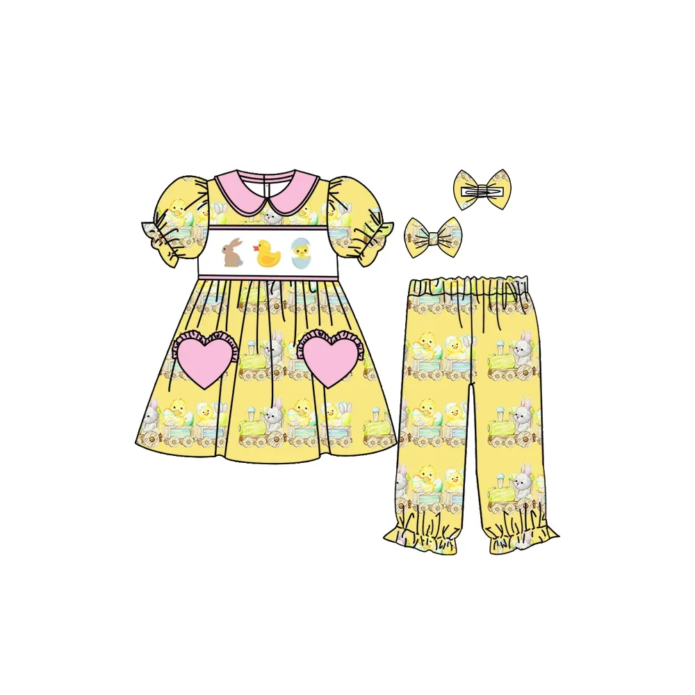 Girls Boutique Elastic Set with Lapel Short Sleeve Top And Car Print Pants Outfit Featuring Duck And Rabbit Egg Motif