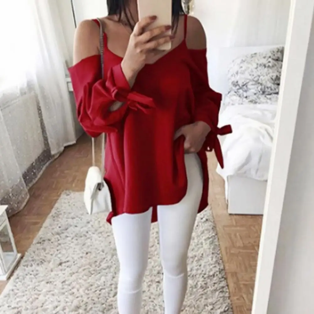 Sexy Women Sling Long Sleeve Blouse Loose Shirt Plus Size Solid Color Off Shoulder Sexy Knotted Comfortable