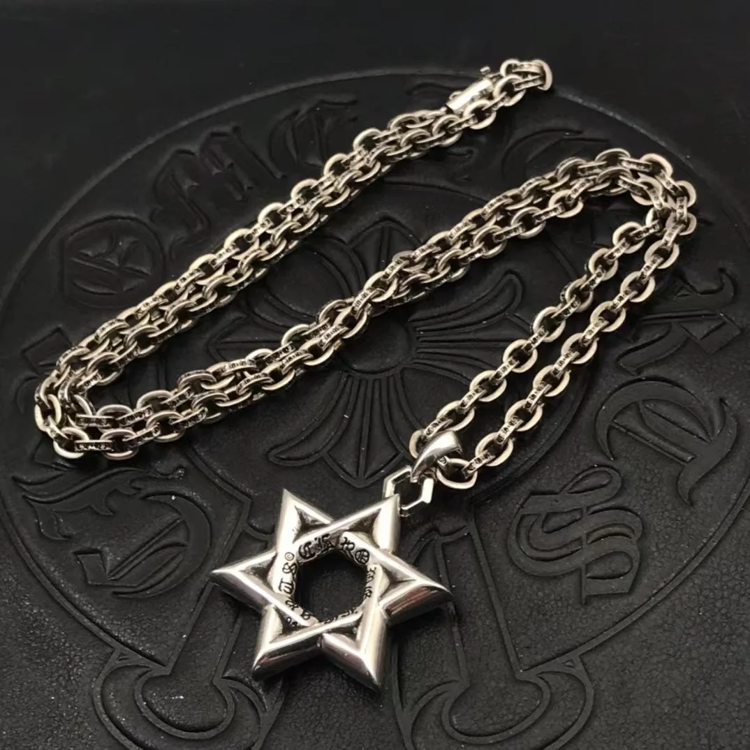 

Trendy Large Hexagram Necklace Thai Silver Retro Premium Autumn and Winter Sweater Chain Jewelry Accessories Jewelry