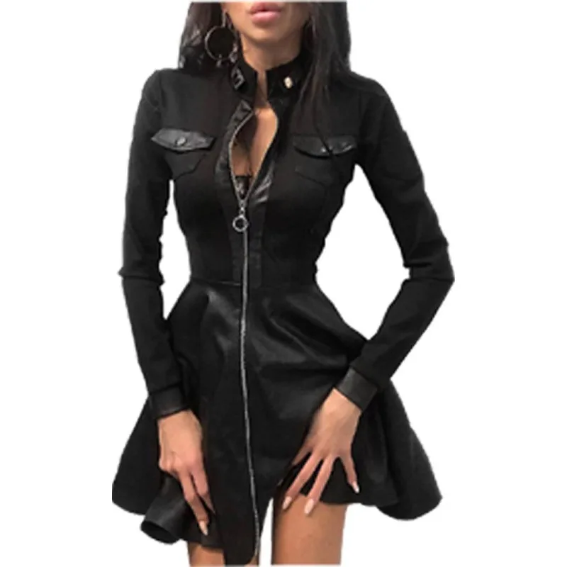 

Elegant Party Dress For Woman Off Shoulder Black Dress V Neck Long Sleeve Midi Dress Houndstooth Print Pu Leather Panel A Line