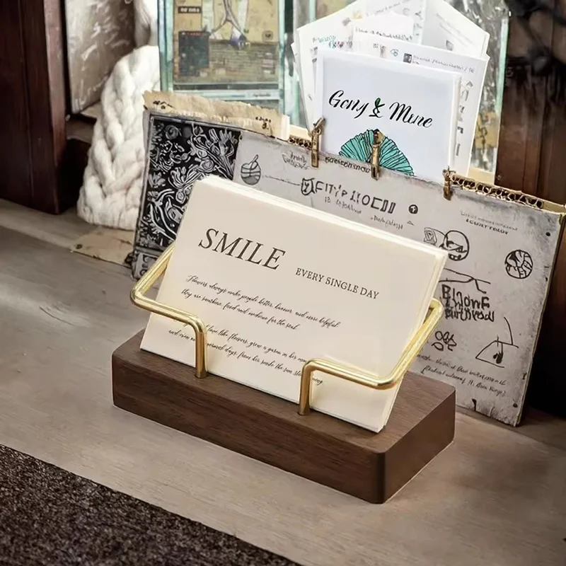 Business Card Holder Organizer Office Desk Display Stand Memo Wood Card Holder With Gold Metal Frame Business Desk Use Kit Set